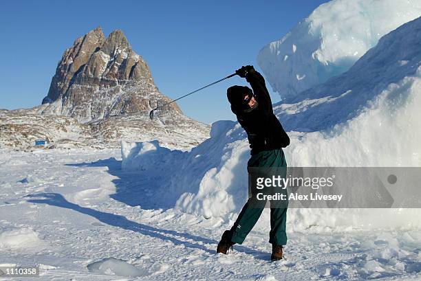 Stephanie Comstock of USA in action during today's practice round at The Drambuie World Ice Golf Championships in Uummannaq, Greenland. DIGITAL...