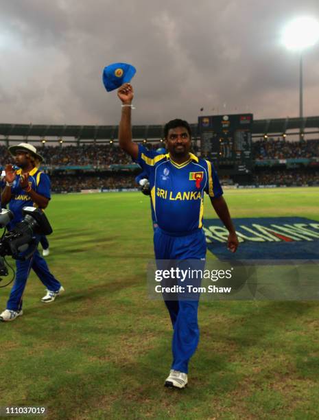 Muttiah Muralitharan of Sri Lanka leaves the field for the last time in Sri Lanka during the 2011 ICC World Cup Semi-Final match between New Zealand...