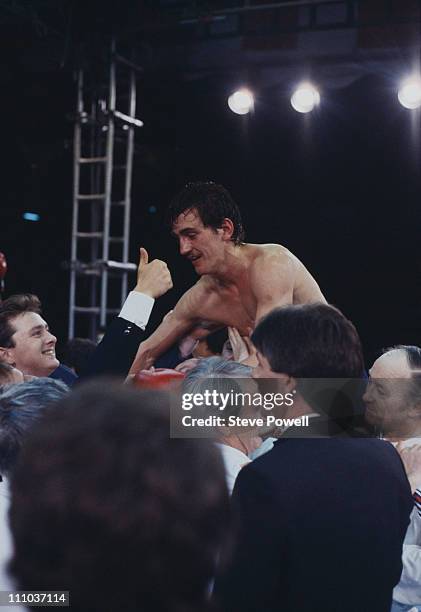 Irish boxer Barry McGuigan after winning his title fight against WBA world featherweight champion, Eusebio Pedroza of Panama, at Loftus Road football...