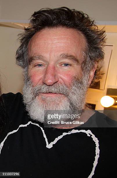 Robin Williams poses backstage at the hit play "Bengal Tiger at the Baghdad Zoo" on Broadway at The Richard Rogers Theater on March 28, 2011 in New...