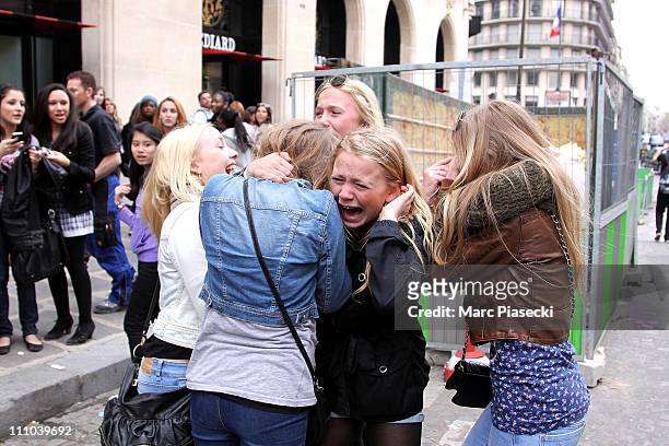 French fans crying after seeig Justin Bieber at Hotel de Sers on March 29, 2011 in Paris, France.