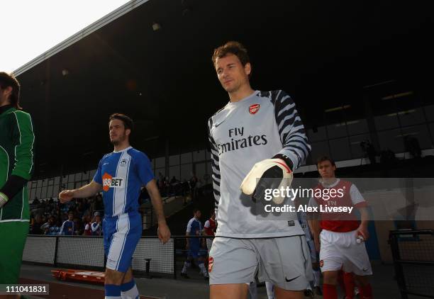 Jens Lehman of Arsenal walks out for the Barclays Premier Reserve League match between Wigan Athletic and Arsenal on March 29, 2011 in Wigan, England.