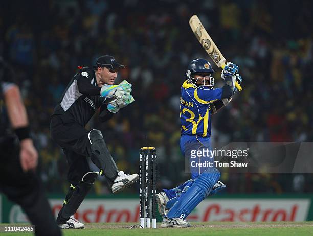 Tillakaratne Dilshan of Sri Lanka his out during the 2011 ICC World Cup Semi-Final match between New Zealand and Sri Lanka at the R Premedasa Staduim...