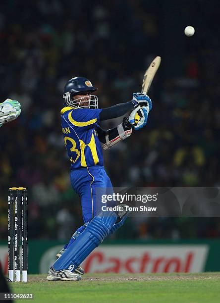 Tillakaratne Dilshan of Sri Lanka his out during the 2011 ICC World Cup Semi-Final match between New Zealand and Sri Lanka at the R Premedasa Staduim...