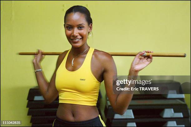 Corinne Coman, Miss France 2003, has a gym session at the Abymes Spa in Guadeloupe in Les Abymes, France on July 26, 2003.