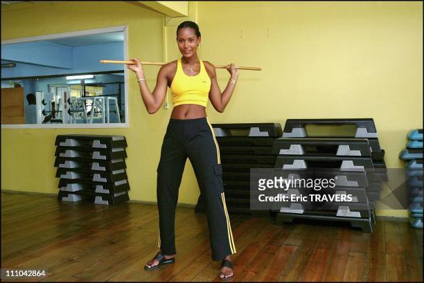 Corinne Coman, Miss France 2003, has a gym session at the Abymes Spa in Guadeloupe in Les Abymes, France on July 26, 2003.