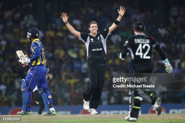 Tim Southee of New Zealand celebrates bowling Chamara Silva during the 2011 ICC World Cup Semi-Final match between New Zealand and Sri Lanka at the...
