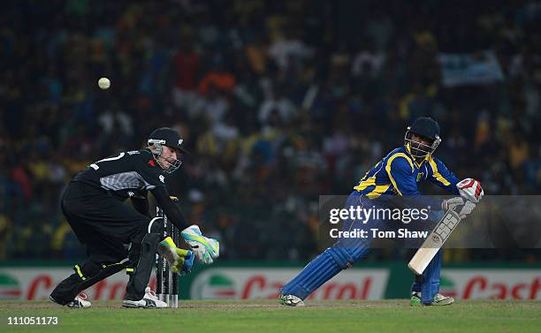 Chamara Silva of Sri Lanka his out during the 2011 ICC World Cup Semi-Final match between New Zealand and Sri Lanka at the R Premedasa Staduim on...