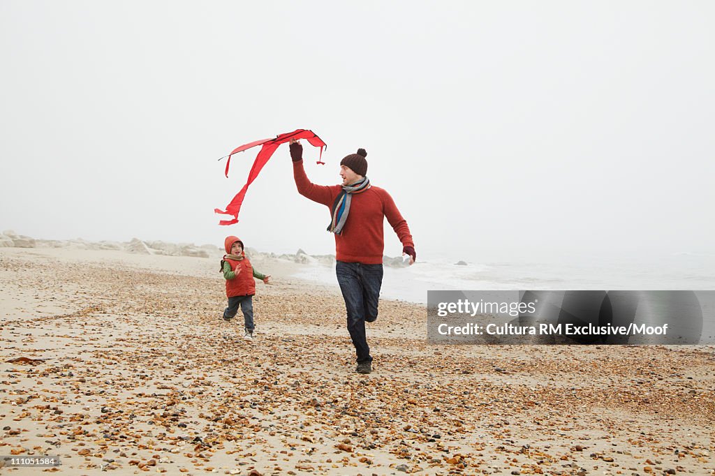 Father and son with kite at the beach