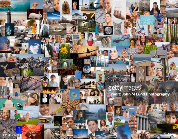 montage of diverse people, places and things - abundancia fotografías e imágenes de stock