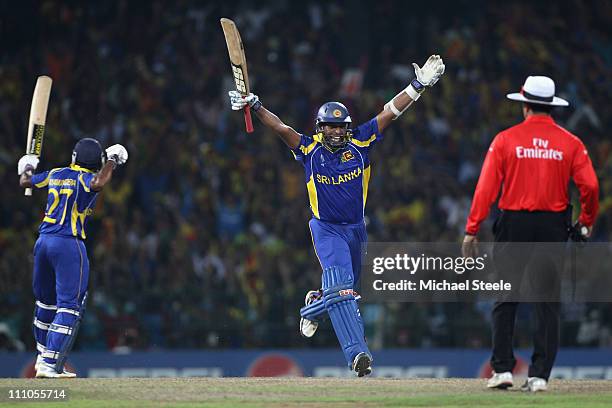 Thilan Samaraweera of Sri Lanka celebrates hitting the winning runs and victory by five wickets during the 2011 ICC World Cup Semi-Final match...
