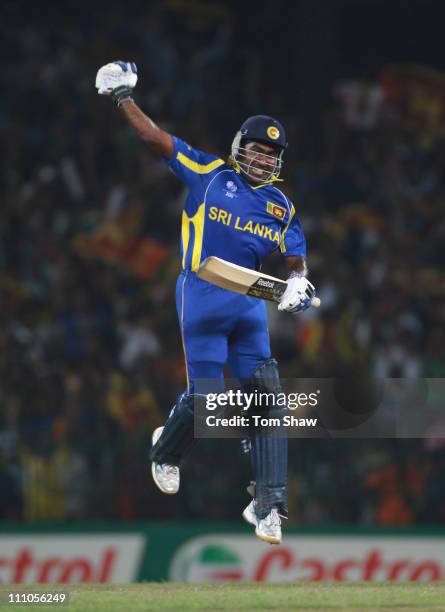 Mahela Jayawardene of Sri Lanka celebrates the winning runs during the 2011 ICC World Cup Semi-Final match between New Zealand and Sri Lanka at the R...