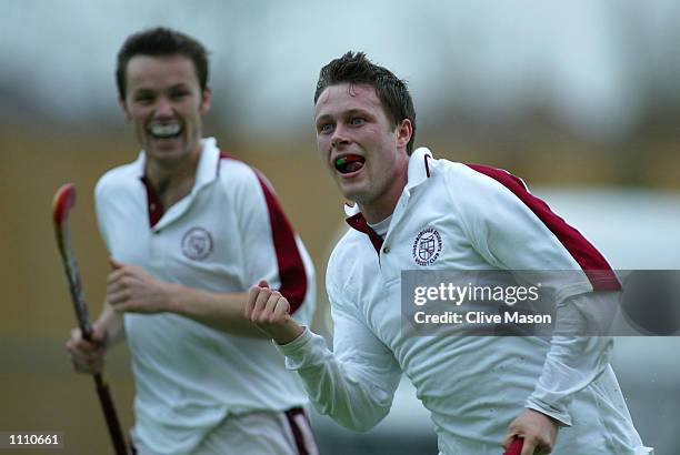 James Davies-Yandle of Loughborough celebrates scoring in the men's Championship Final between Loughborough and Exeter during the British...