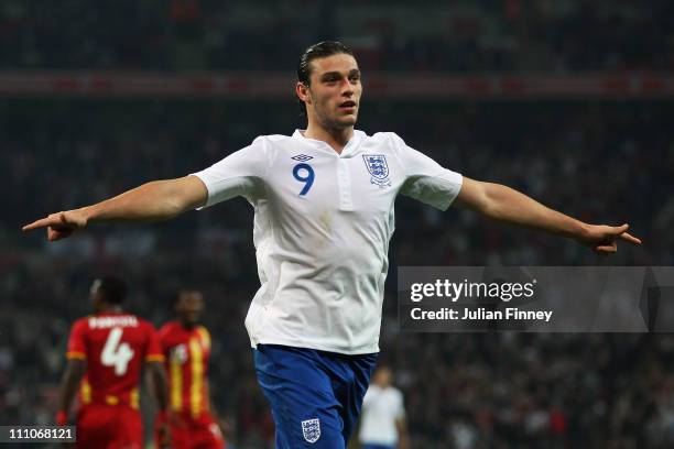 Andy Carroll of England celebrates as he scores their first goal during the international friendly match between England and Ghana at Wembley Stadium...