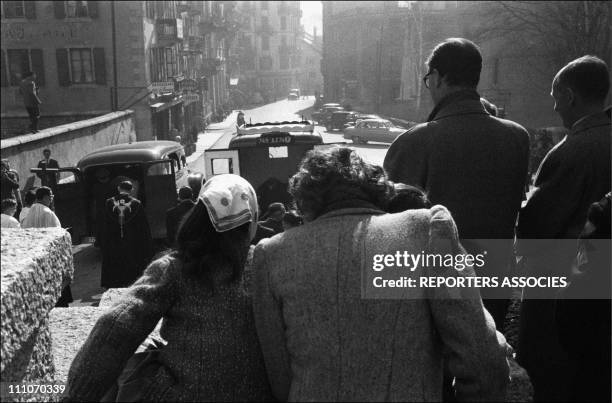 Funeral of mountaineers Jean Vincendon and Francois Henry in Chamonix, France in 1957.