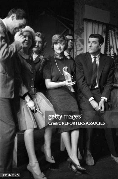 Pierre Vaneck, Marie Bell, Francoise Sagan in 'Les violons parfois' at the theatre de l'Aterlier in Paris, France in November, 1961.