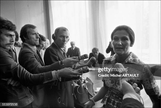 Simone Veil press conference in Lyon, France on September 11, 1974.