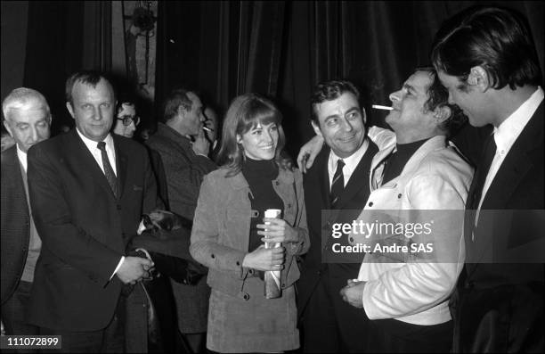 Serge Reggiani, Francois Perier, Nathalie and Alain Delon in France in 1968.