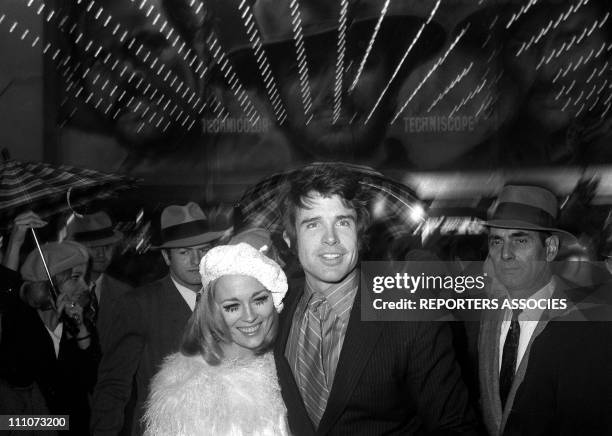 Faye Dunaway and Warren Beatty at premiere of 'Bonnie and Clyde' in Paris, France on January 20, 1968.