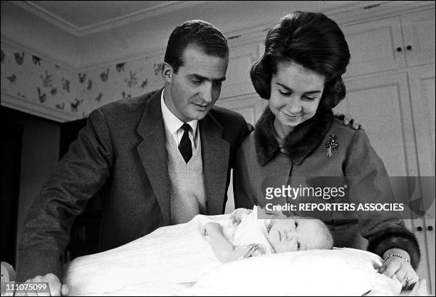 Juan Carlos, Sofia and Elena of Spain in Spain on January 14th, 1964.