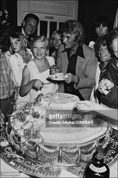 Johnny Hallyday and Line Renaud at the 34th birthday of Johnny Hallyday in France on June 15th, 1977.