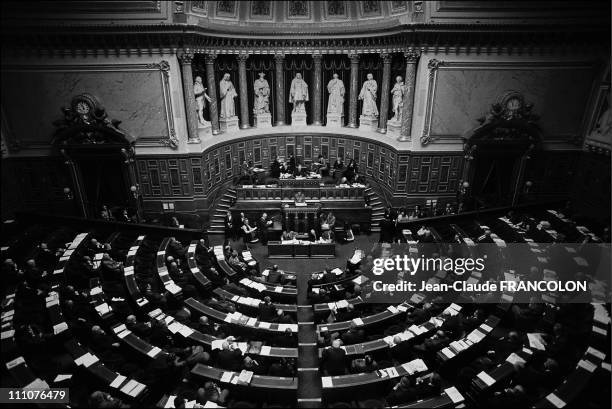 Simone Veil at Abortion law project adopted by the Senate in Paris, France on December 15th , 1974.