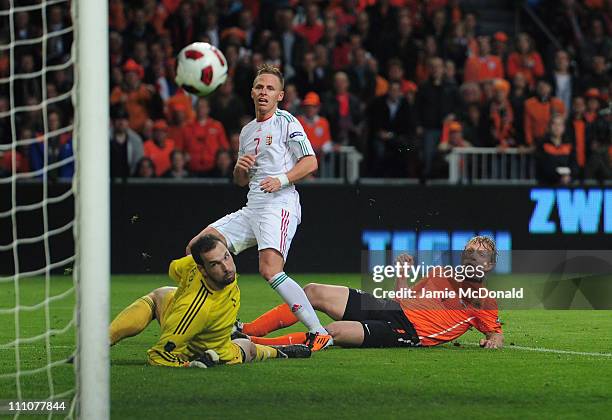 Dirk Kuyt scores a goal for the Netherlands during the Group E, EURO 2012 Qualifier between Netherlands and Hungary at the Amsterdam Arena on March...