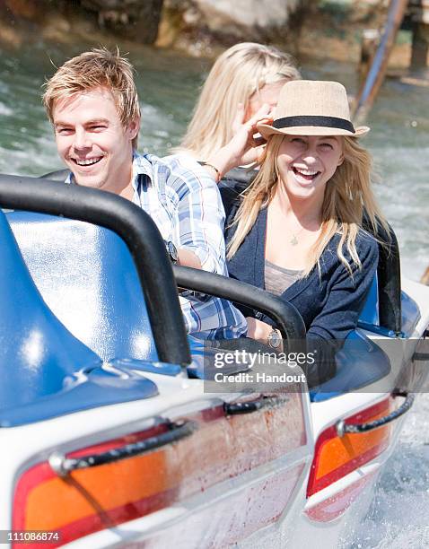 In this handout photo provided by Disney Parks, Julianne Hough and Derek Hough ride the Matterhorn Bobsleds on March 29, 2011 at Disneyland in...