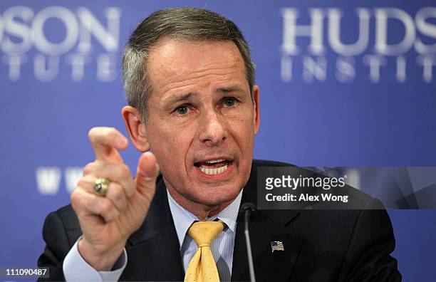 Former Chairman of the Joint Chiefs of Staff, Peter Pace, speaks during a discussion at the Hudson Institute March 29, 2011 in Washington, DC. The...