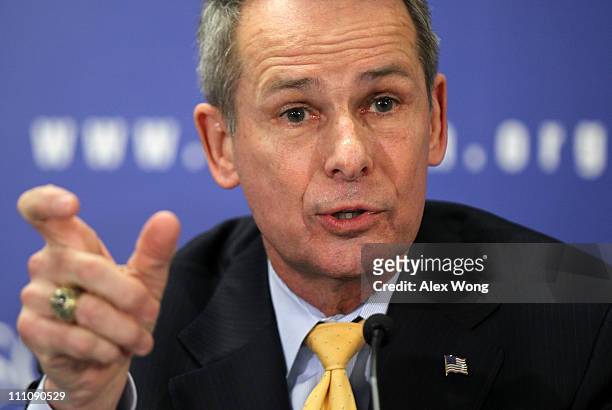 Former Chairman of the Joint Chiefs of Staff Peter Pace speaks during a discussion at the Hudson Institute March 29, 2011 in Washington, DC. The...
