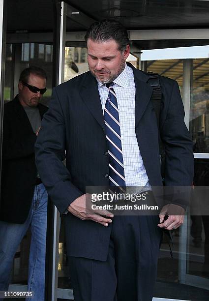 Major League Baseball player Jason Giambi and his brother Jeremy Giambi leave federal court after testifying during Barry Bonds' perjury trial on...