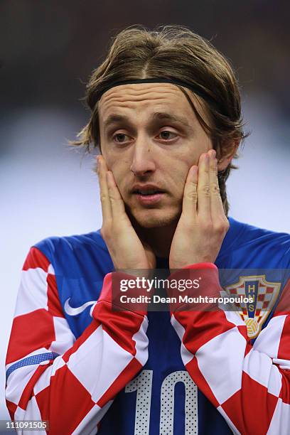 Luka Modric of Croatia looks on prior to the International friendly match between France and Croatia at Stade de France at Stade de France on March...