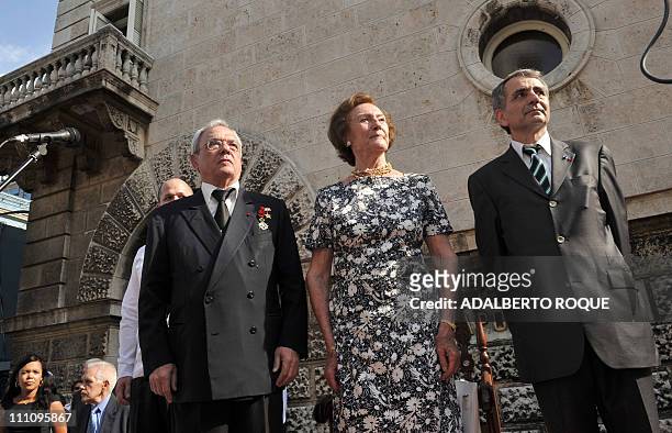 French Napoleon princess Alix de Foresta listens to the French national anthem, alongside French ambassador to Cuba Jean Mendelson and Havana's...