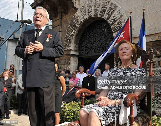 French Napoleon princess Alix de Foresta listens to a speech by Havana's historian Eusebio Leal , during the reopening of the Napoleon Museum in...