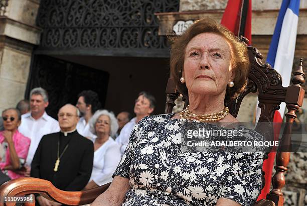 French Napoleon princess Alix de Foresta listens to a speech by Havana's historian Eusebio Leal , during the reopening of the Napoleon Museum in...