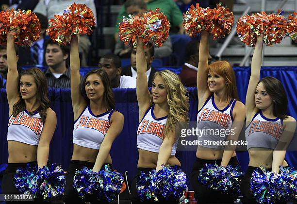 Florida Gators cheerleaders perform during their game against the Butler Bulldogs in the Southeast regional final of the 2011 NCAA men's basketball...