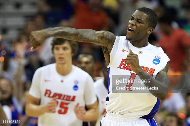 Kenny Boynton of the Florida Gators reacts during their game against the Butler Bulldogs in the Southeast regional final of the 2011 NCAA men's...