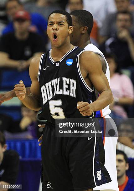 Ronald Nored of the Butler Bulldogs reacts during their game against the Florida Gators in the Southeast regional final of the 2011 NCAA men's...