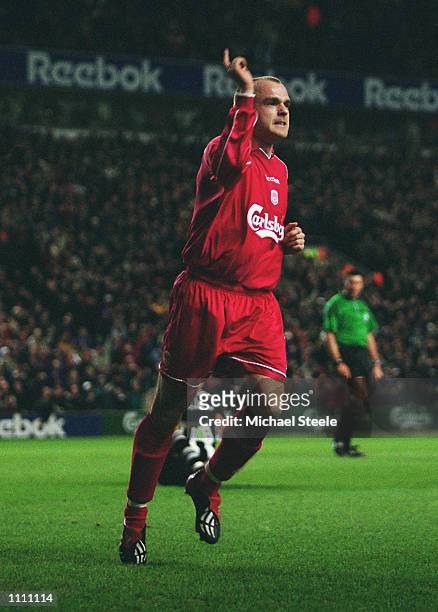 Danny Murphy of Liverpool celebrates as he scores a goal during the FA Barclaycard Premiership match between Liverpool and Newcastle United played at...