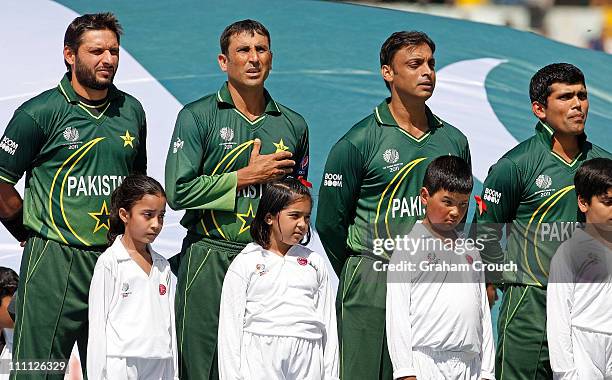 Pakistan line up for the national anthems before the 2011 ICC World Cup second Semi-Final between Pakistan and India at Punjab Cricket Association...