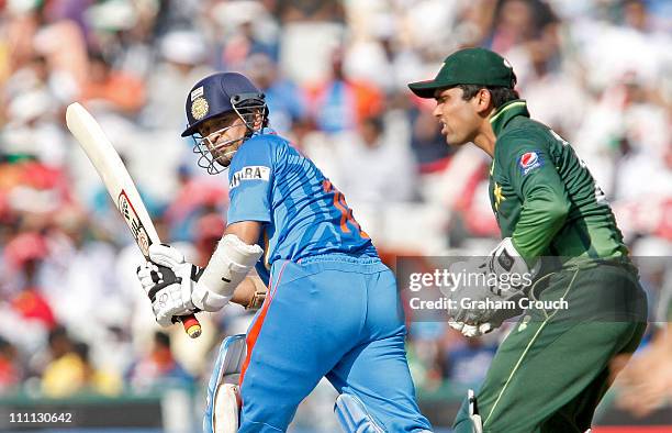 Sachin Tendulkar of India batting during the 2011 ICC World Cup second Semi-Final between Pakistan and India at Punjab Cricket Association Stadium on...