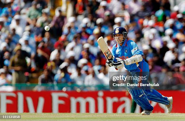 Sachin Tendulkar of India bats during the 2011 ICC World Cup second Semi-Final between India and Pakistan at Punjab Cricket Association Stadium on...