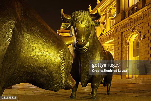 bull and bear at stock exchange - frankfurter wertpapierbörse stockfoto's en -beelden