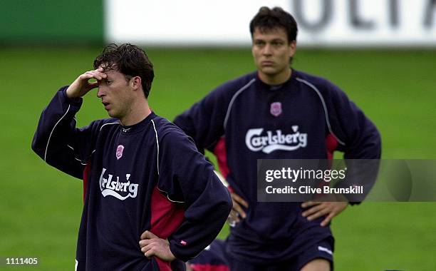 Strikers Robbie Fowler and Jari Litmanen during Liverpool training before tomorrow's UEFA Cup Final between Liverpool and Deportivo Alaves at the...