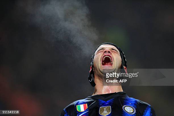 Inter Milan's Romanian defender Cristian Chivu reacts during the Serie A football match between Inter Milan and Cesena at the San Siro stadium in...