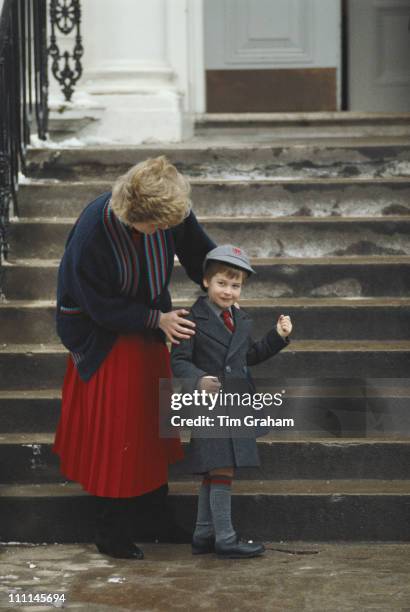 Diana, Princess of Wales drops her son Prince William off at Wetherby School in London, 15th January 1987.