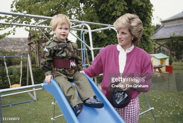Prince Harry wearing the uniform of the Parachute Regiment of the British Army in the garden of Highgrove House in Gloucestershire, 18th July 1986....