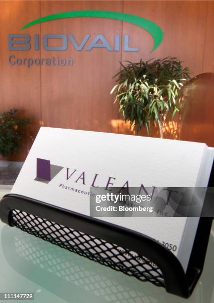 Valeant Pharmaceuticals International Inc. Business cards are displayed in the lobby of company's headquarters in Mississauga, Ontario, Canada, on...