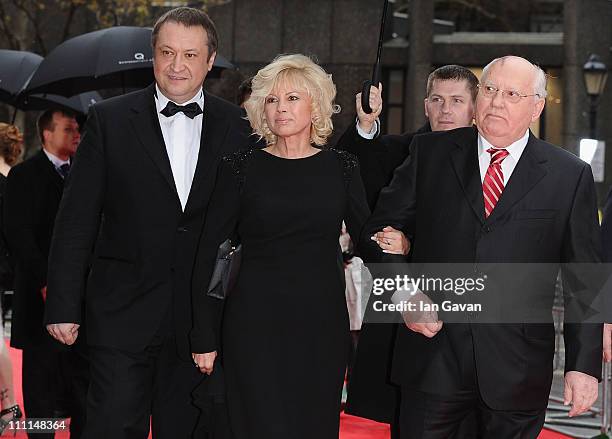 Former Soviet leader Mikhail Gorbachev and his daughter Irina Virganskaya and her husband Andrey Trukhachev attend the Gorby 80 Gala at the Royal...