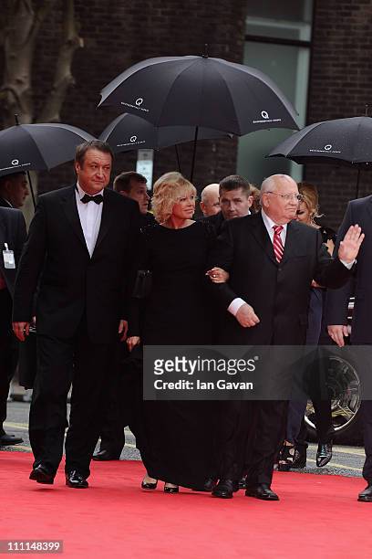 Former Soviet leader Mikhail Gorbachev and his daughter Irina Virganskaya and her husband Andrey Trukhachev attend the Gorby 80 Gala at the Royal...